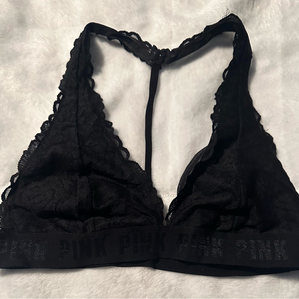 Pink Victoria Secret black bralette, large size.